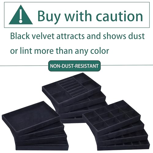 12 Pcs Velvet Jewelry Tray Stackable Jewellery Organier Trays Earrings Necklace Rings Storage Box Jewelry Drawer Display Case for Bracelet Earring Watch Accessories with Removable Dividers, Black