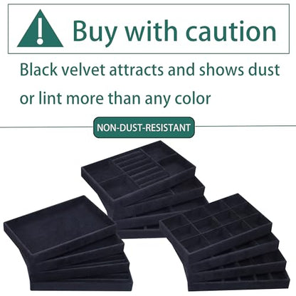12 Pcs Velvet Jewelry Tray Stackable Jewellery Organier Trays Earrings Necklace Rings Storage Box Jewelry Drawer Display Case for Bracelet Earring Watch Accessories with Removable Dividers, Black