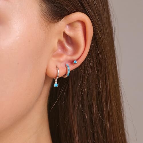 3 Pairs Mini Hoop Earrings Set Turquoise Cubic Zirconia Huggie Hoop Cartilage Earring Ear Cuff for Women (Turquoise/CZ) - color: *Turquoise-B