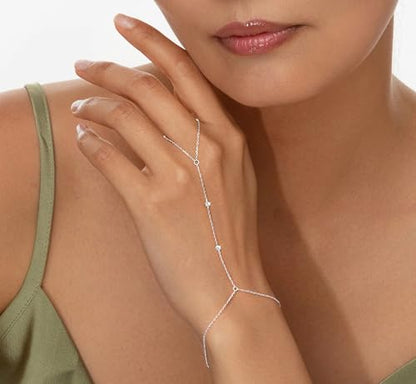 Waterproof 14K Gold Plated Hand Chain for Women Trendy, Non Tarnish Dainty Cubic Zirconia Finger Ring Bracelet, Summer Beach Hand Jewelry Minimalist Adjustable Simple Cute Gold Ring Chain Bracelets Fashion Gifts - color: Silver