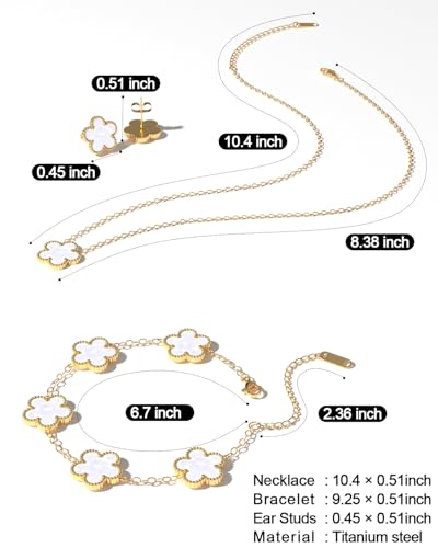 AICase Clover Jewelry Set,18K Gold Plated Lucky Clover Bracelet,Four Leaf Clover Necklace and Clover Earrings Fashion Jewelry Sets Gifts for Women/Mon - color: White