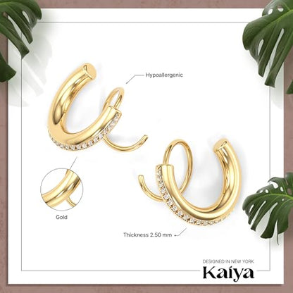 Spiral Hoop Twist Double Earrings - 14K Helix Spiral Earrings, Double Piercing Earrings, Faux Double Hoop Earrings, Tiny Twist Earrings for Women - color: Zircon Gold