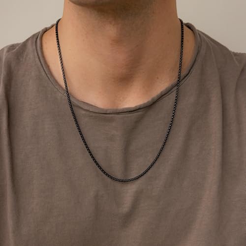 HZMAN 2-6mm Rolo Chain for Men Women Stainless Steel Men's Chain Necklace Round Box Link Chain Necklace 16-30 Inch - color: Black, size: 16in, style: 2mm