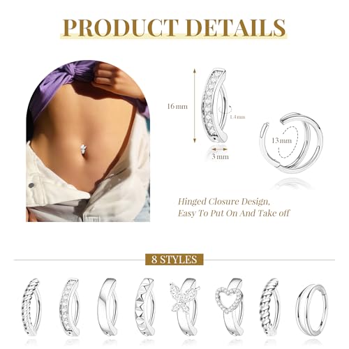 Kenivira 8 Pcs Belly Button Ring Hypoallergenic Surgical Steel CZ Belly Button Rings For Women Clicker Navel Piercing Jewelry - color: Silver
