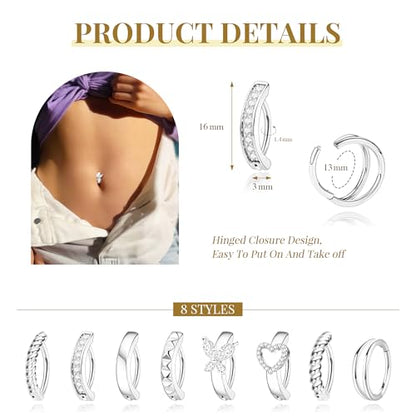 Kenivira 8 Pcs Belly Button Ring Hypoallergenic Surgical Steel CZ Belly Button Rings For Women Clicker Navel Piercing Jewelry - color: Silver