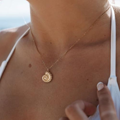 Dainty Gold Necklace: 14k Gold Plated Dianty Boots Bow Sun Moon Horse Evil Eye Conch Seahorse Necklace for Women 16.5"+2" - color: Nautilus