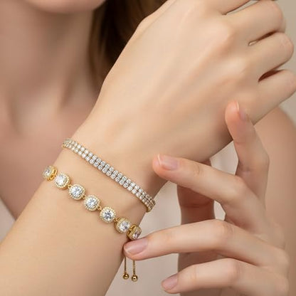 MDFUN 2 Pcs Tennis Bracelets for Women,Bracelet Adjustable Slider 6-9 Inch | 18K White/Gold Plated Cubic Zirconia Tennis Bracelet