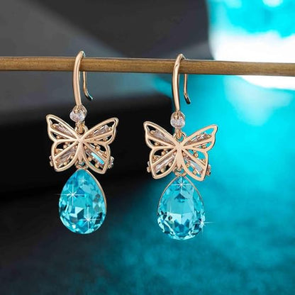 Austrian Crystal Teardrop Butterfly Drop Dangle Earrings for Women 14K Rose Gold Plated Hypoallergenic Jewelry - color: Aquamarine