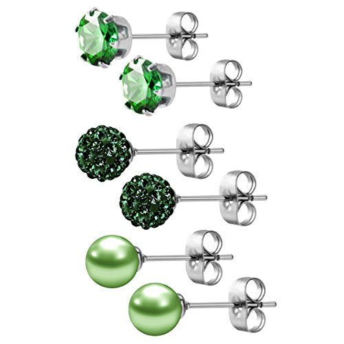JewelrieShop Birthstone Studs Earring Set Cubic Zirconia Rhinestones Crystal Ball Faux Pearl Stainless Steel Stud Earrings for Women Jewelry Gift (6mm Round,3 Pairs) - color: 5) May. - Green