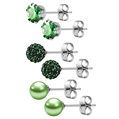 JewelrieShop Birthstone Studs Earring Set Cubic Zirconia Rhinestones Crystal Ball Faux Pearl Stainless Steel Stud Earrings for Women Jewelry Gift (6mm Round,3 Pairs) - color: 5) May. - Green