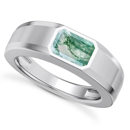 1CT - 3CT Gemstone Signet Pinky Ring - Emerald Cut Gem Pinky Ring White Yellow Rose 10K 14K 18K Gold Sterling Silver Mens Gem Signet Rings for Anniversary Fathers Day - style: Moss Agate