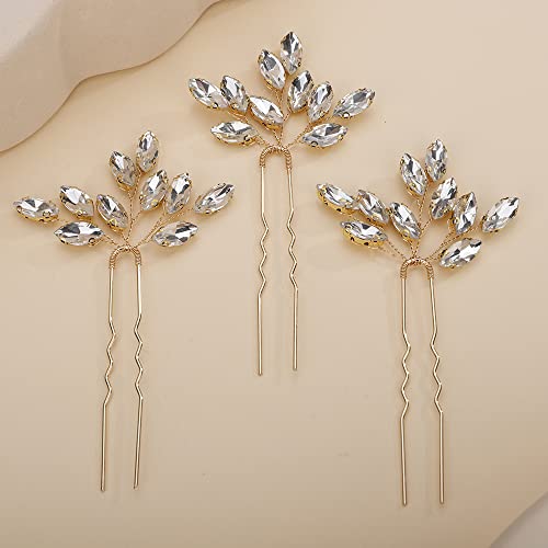 Teyglen 3pcs Bridal Crystal Hair Pins Rhinestones Hair Pieces Simple Crystal Wedding Hair Accessories Handmade Hair Pins for Women Bride Girls (Gold) - color: Gold