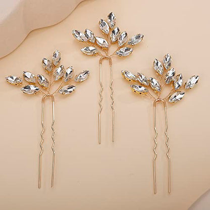 Teyglen 3pcs Bridal Crystal Hair Pins Rhinestones Hair Pieces Simple Crystal Wedding Hair Accessories Handmade Hair Pins for Women Bride Girls (Gold) - color: Gold