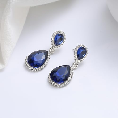 EVER FAITH Women's Austrian Crystal Wedding Tear Drop Dangle Earrings | Bridal Prom Jewelry for Bride Bridesmaid - color: Navy Blue