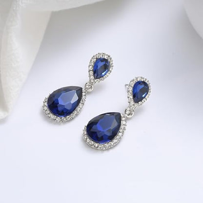 EVER FAITH Women's Austrian Crystal Wedding Tear Drop Dangle Earrings | Bridal Prom Jewelry for Bride Bridesmaid - color: Navy Blue
