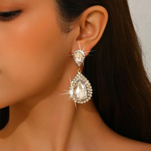 Elegant Rhinestone Statement Earrings Sparkly Cluster Crystal Drop Dangle Earrings Teardrop Chandelier Earrings Wedding Bridal Prom Earrings for Women - color: B:Champagne