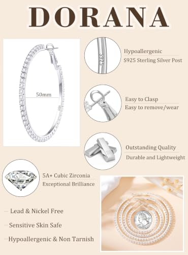 3mm 925 Sterling Silver Big Cubic Zirconia Hoop Earrings for Women Large Rhinestone Hoop Earrings 14K Gold Plated Hypoallergenic Lightweight 30mm/40mm/50mm/60mm - color: Silver-50mm