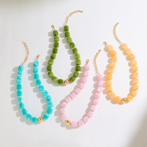 Chunky Colorful Beaded Choker Necklace for Women, Summer Beach Statement Resin Beads Necklace, Trendy Womens Summer Beach Jewelry Birthday Gifts for Vacation Holiday - color: Square Lake Blue Bead