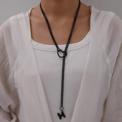 sroyte Black Heart Slip Chain Initial Necklaces for Women,Stainless Steel O-Ring Adjustable Lariat Heart Y-Necklace,Punk Gothic Cuban Collar Choker Necklace for women - color: Black M