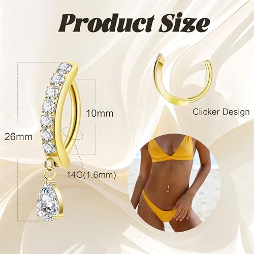 14G G23 Titanium Clicker Belly Button Ring for Women - Teardrop CZ Dangle Curved Reverse Barbell Navel Piercing - Hypoallergenic Jewelry - color: Gold