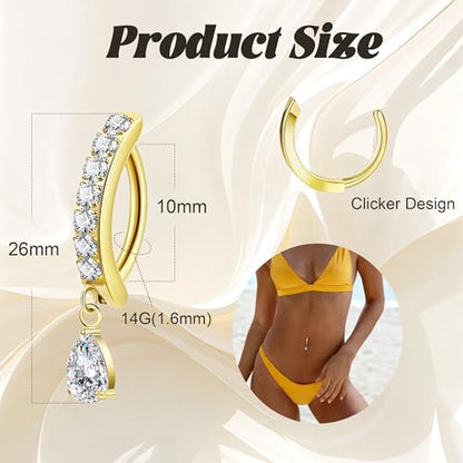 14G G23 Titanium Clicker Belly Button Ring for Women - Teardrop CZ Dangle Curved Reverse Barbell Navel Piercing - Hypoallergenic Jewelry - color: Gold
