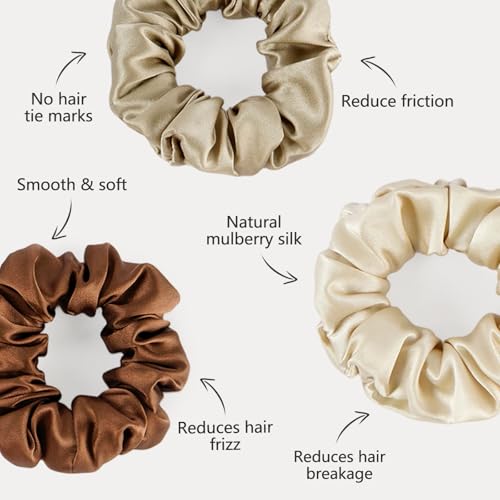 ZIMASILK 100% Pure Mulberry Silk Hair Scrunchies for Women | No Damage - Gentle Elastic Hair Ties for Ponytail Holder - Hair Accessories (3 Pack, Coffee, Taupe, Beige) - color: Chocolate, Taupe, Beige (3pcs)