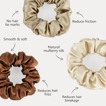 ZIMASILK 100% Pure Mulberry Silk Hair Scrunchies for Women | No Damage - Gentle Elastic Hair Ties for Ponytail Holder - Hair Accessories (3 Pack, Coffee, Taupe, Beige) - color: Chocolate, Taupe, Beige (3pcs)
