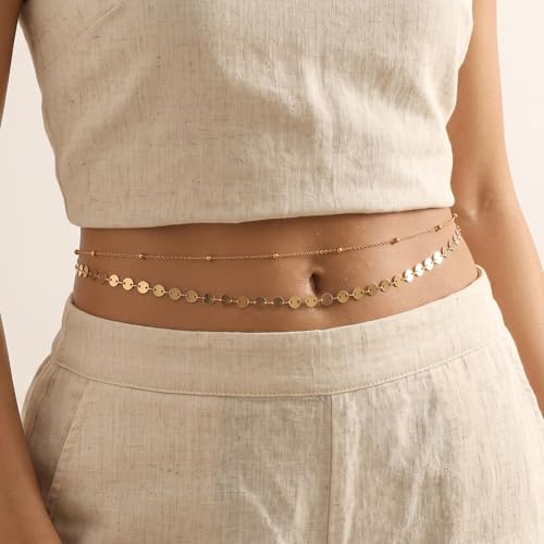 Waist Beads For Women Gold Waist Chain Body Chain Jewelry | 2 Layer Copper Belly Chain Jewelry 27.5" + 9.8" Adjustable Belt for Festival Beach Summer for Women
