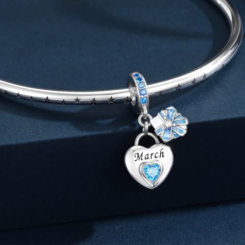 HappyStar 925 Sterling Silver Happy Birthday Bead Charm Love Heart Shape Birthstone Charms for Bracelets Dangle Pendant with 5A Cubic Zirconia Compatible Pandora Bracelets Jewelry Gift for Women - color: 3-March Birthstone Charms