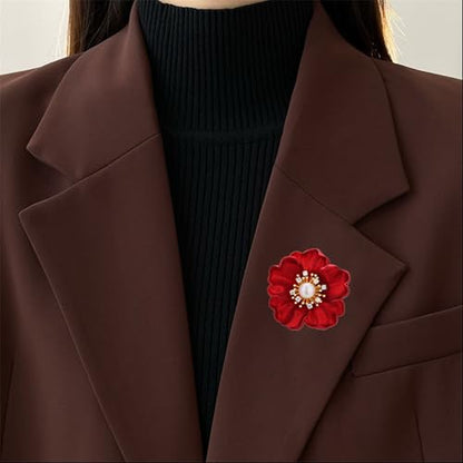 Anmpab Red Peony Flower Brooch with Pearl and Rhinestone Floral Lapel Pin for Women Blazer Dress Coat Jacket Scarf