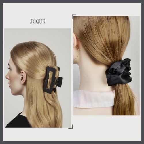 8 Pcs Claw Clips and Hair Scrunchies Set – Square Hair Clips for Women, Medium Non-Slip Matte, Large Satin Scrunchies, Hair Accessories for Thick Thin Hair, Party, Daily Use, Black&Beige - color: Classic Black & Cream
