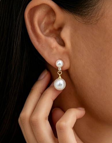 Pearl Earrings for Women Trendy, 14k Gold Plated Freshwater CZ Leaf Pearl Dangle Drop Gold Earrings Lightweight Hypoallergenic Stud Earring Bridesmaid Wedding Gold Jewelry for Women Gifts - style: two pearl earrings