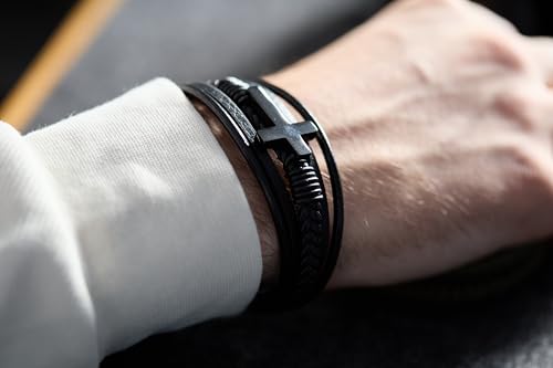 Cross Bracelet for Men - Genuine Leather Religious Bracelets | Stylish Christian Bracelet for Men - Perfect Faith Accessory | Mens Cross Bracelet - Christian Jewelry - style: Trinity
