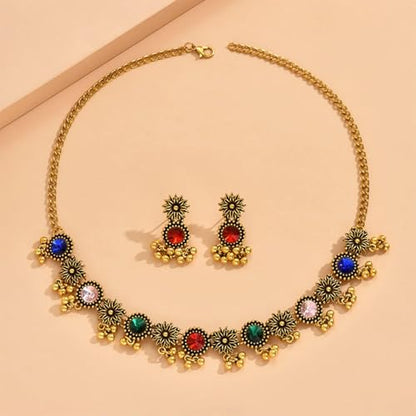 Frodete Indian Jewelry Sets for Women Traditional Bohemian Wedding Jewelry Set Indian Dresses for Women Oxidized Ethnic Party Prom Wear - color: A1:colorful indian necklace earring sets
