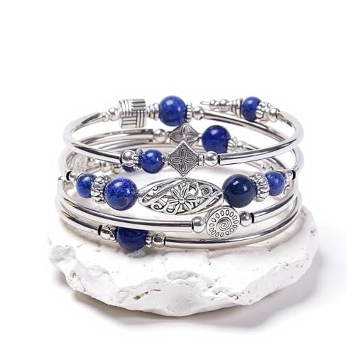 Boho Wrap Beaded Bracelet for Women – Handmade Natural Stone Jewelry – Stainless Steel Adjustable Ethnic Chic Gift - color: Blue Grain Stone