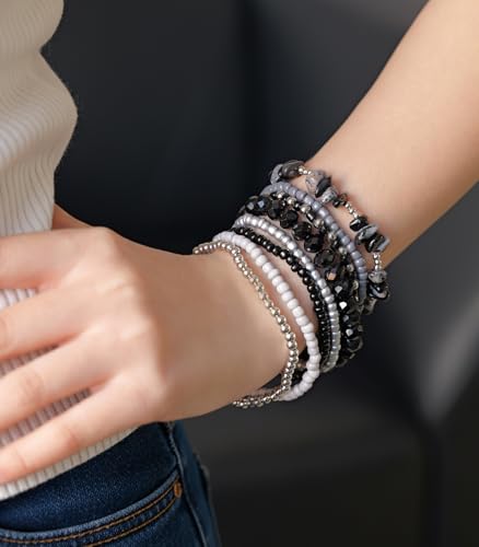 Noessla Boho Beaded Bracelets for Women Stackable Irregular Natural Stone Bead Stretch Bracelet Set 8PCS Costume Jewelry Gifts for Her - color: Black&Grey
