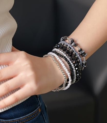 Noessla Boho Beaded Bracelets for Women Stackable Irregular Natural Stone Bead Stretch Bracelet Set 8PCS Costume Jewelry Gifts for Her - color: Black&Grey