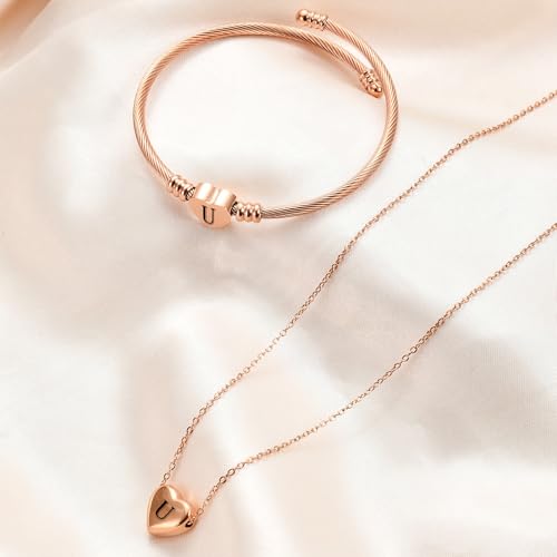 MYNENEY Necklace and Bracelet for Women Stainless Steel Initial Jewelry Set - color: Rose Gold-U