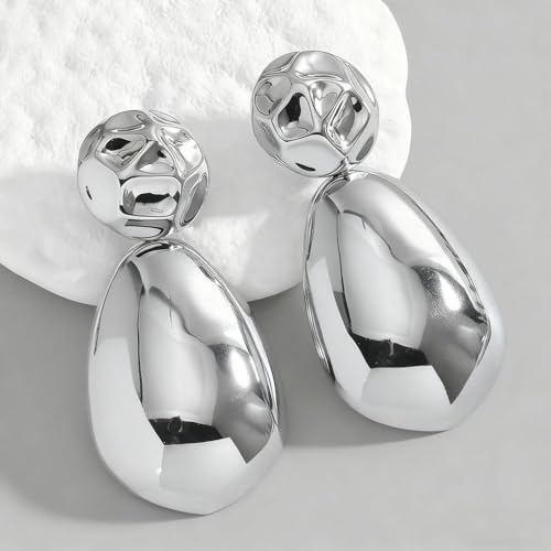 Gold Sliver Plated Chunky Large Stud Earrings for Women,Irregular Geometrical Statement Teardrop Dangle Earrings Punk Party Fashion Accessories Gifts - color: Silver