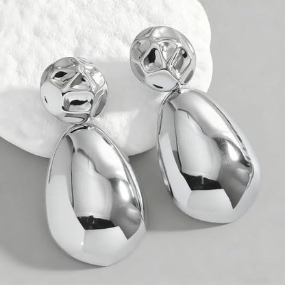 Gold Sliver Plated Chunky Large Stud Earrings for Women,Irregular Geometrical Statement Teardrop Dangle Earrings Punk Party Fashion Accessories Gifts - color: Silver