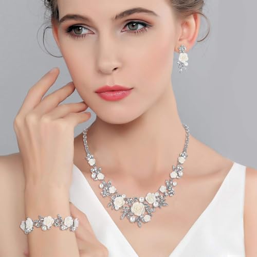 EVER FAITH Costume Jewelry Crystal Simulated Pearl Rose Flower Leaf Prom Party Statement Necklace Earrings Bracelet Set for Women - color: Clear Silver-Tone