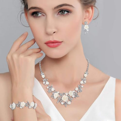 EVER FAITH Costume Jewelry Crystal Simulated Pearl Rose Flower Leaf Prom Party Statement Necklace Earrings Bracelet Set for Women - color: Clear Silver-Tone