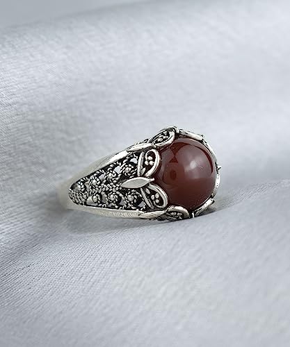 Filigranist 925 Sterling Silver Filigree Art Women Mini Dome Cocktail Ring with Gemstone, Gift Boxed - color: Carnelian