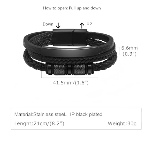 Italian Handmade Leather Bracelets for Men - color: Pure Black, size: 8.2"