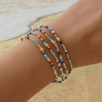 Seed Beaded Stack Bracelets Set for Women,Small Boho 4Pcs Colorful Handmade Dainty Trendy Gold Stretch Accessories Jewelry, Summer Daily Party Friendship Gift - color: Aqua Blue