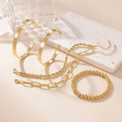 PLOMFOV Gold Bracelets for Women Stack Non Tarnish 14K Gold Plated Chunky Gold Bangles Bracelet Set Beaded Paperclip Chain Cuban Link Dainty Trendy Waterproof Stackable Cuff Bracelets Jewelry Gifts for Women - color: 5Pcs Gold-Band Set