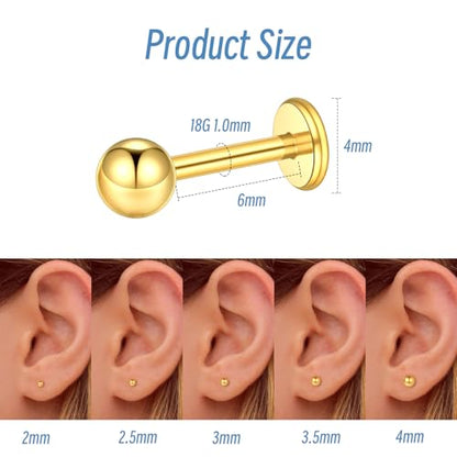 Xpircn Flat Back Stud Earrings 16G 18G 20G Tiny CZ Stud Earrings, Gold Flat Back Earrings, Threadless Cartilage Tragus Piercing Conch Helix Stud - color: 14K Gold Filled-Tiny Ball, size: 18G 6mm Bar