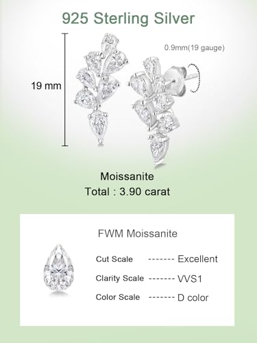 Moissanite 20mm Butterlfy/Flower/Leaf/Bezel Crawler Stud Earrings for Women, 925 Sterling Silver with Gold Plated, Hypoallergenic Cartilage Earrings, Valentines Birthday Anniversary Wedding Gift - color: Leaf - 3.90 Carat - White Gold