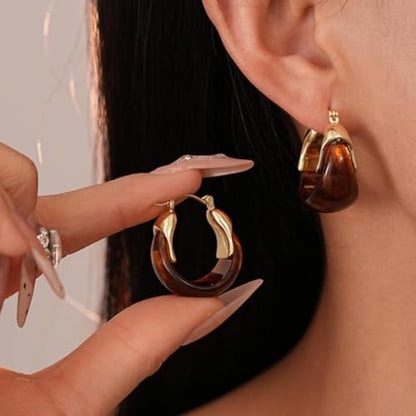 Brown Earrings for Women Chunky Gold Statement Earrings Small Gold Hoop Earring Resin Huggie Earring Square Hoop Trendy Jewelry Gifts for Women Everyday Wear - color: brown