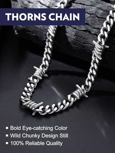 Bandmax Stainless Steel Barbed Wire Cuban Chain Necklace for Men & Women | Edgy Fierce Design, Waterproof & Tarnish Resistant, Silver/Black Tone, 5/7/9/12MM, 16-22 Inches, Street Punk Style Jewelry - color: A1 9MM-Silver, size: 16 Inch (40cm, Hottest Chok